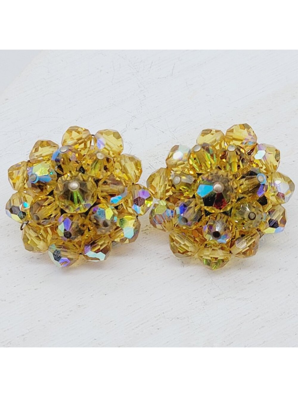 Vintage Laguna Amber Colored Aurora Borealis Cluster Earrings Clip On Statement